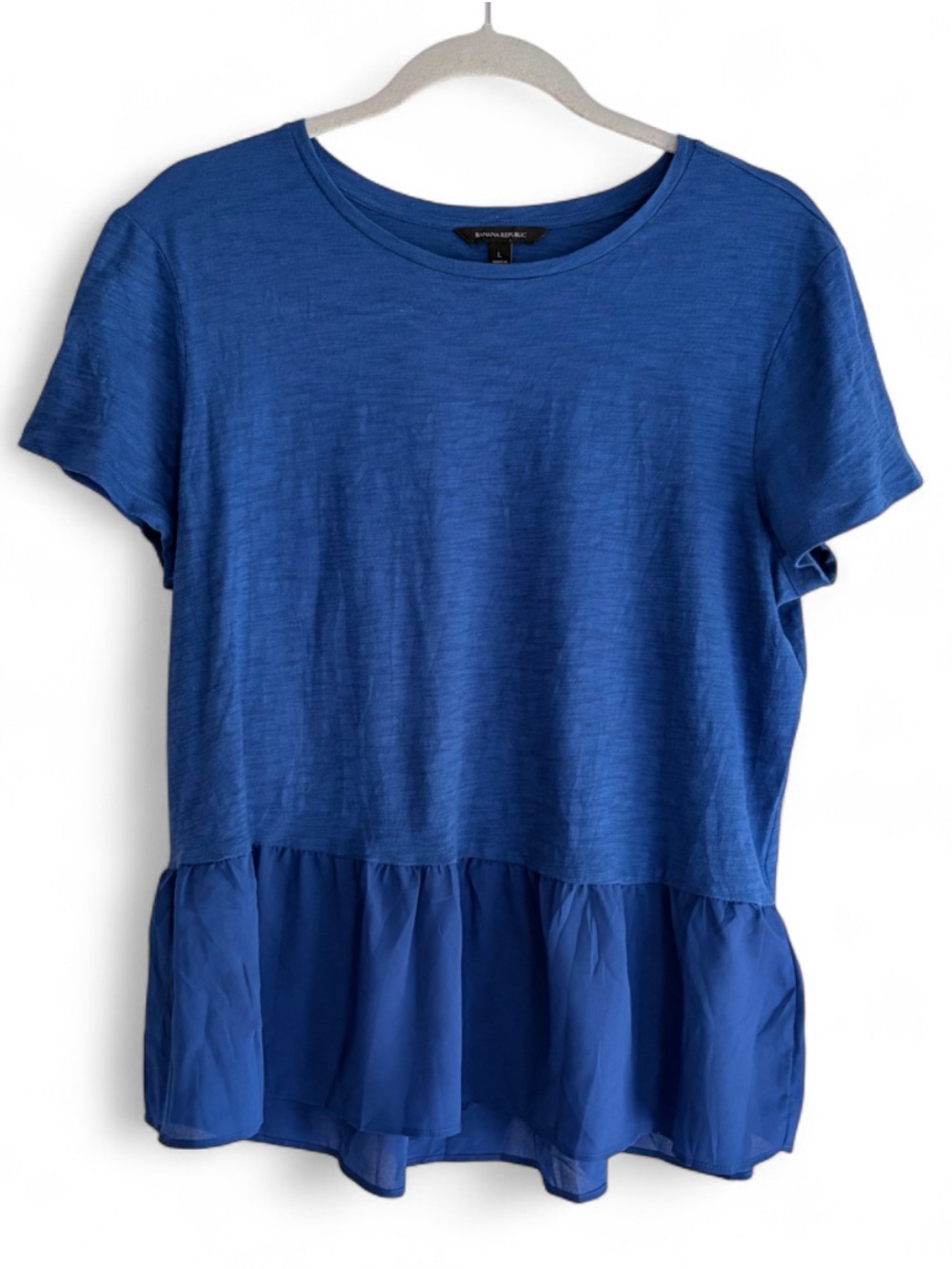 Banana Republic Royal Blue 100% Cotton Chiffon Ruffle Hem Tee Shirt Size L